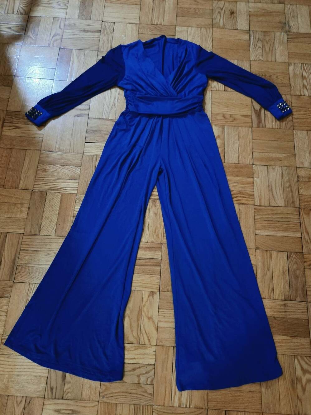 Womens Blue V-Neck Long Sleeve Wide-Leg Stretch Jumpsuit Studded No Tag Fit Sz M